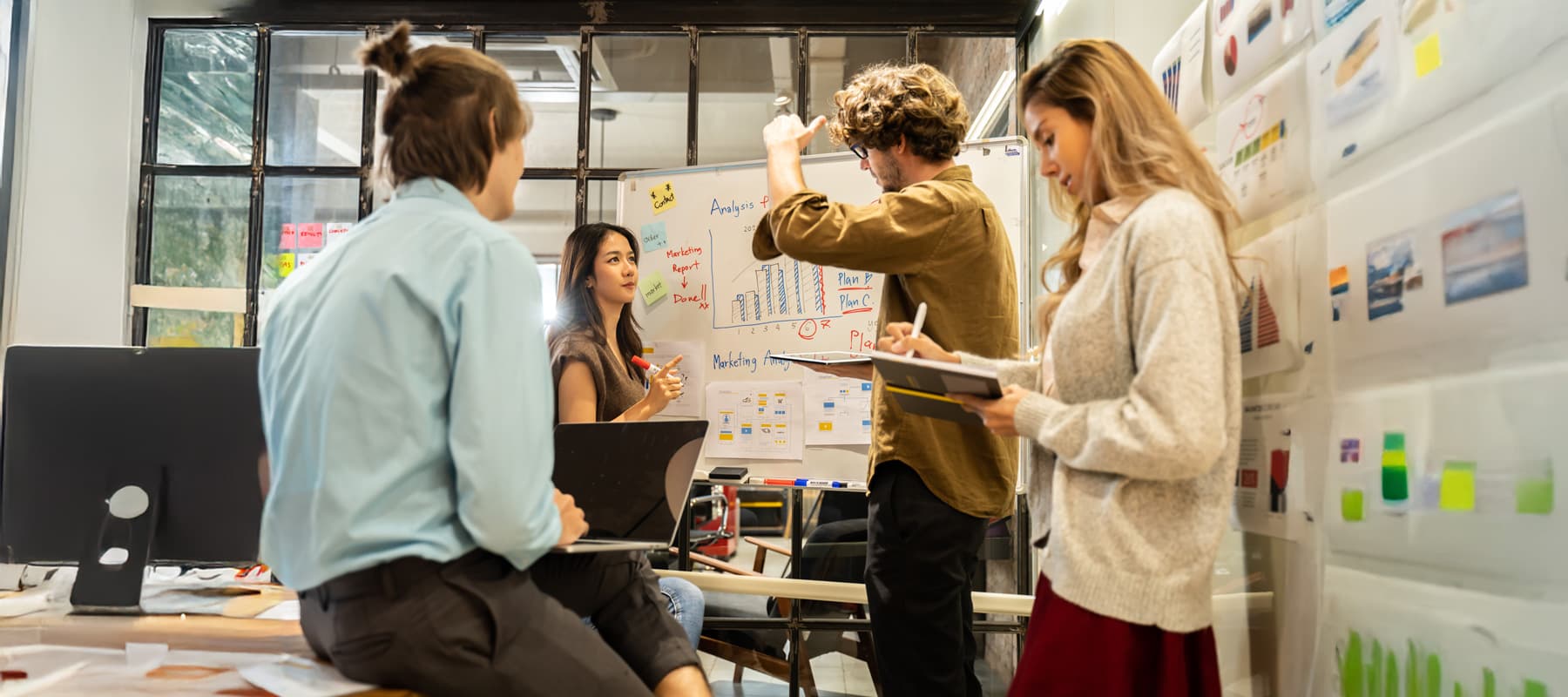 AI generated content image of casual business meeting in the office with four people