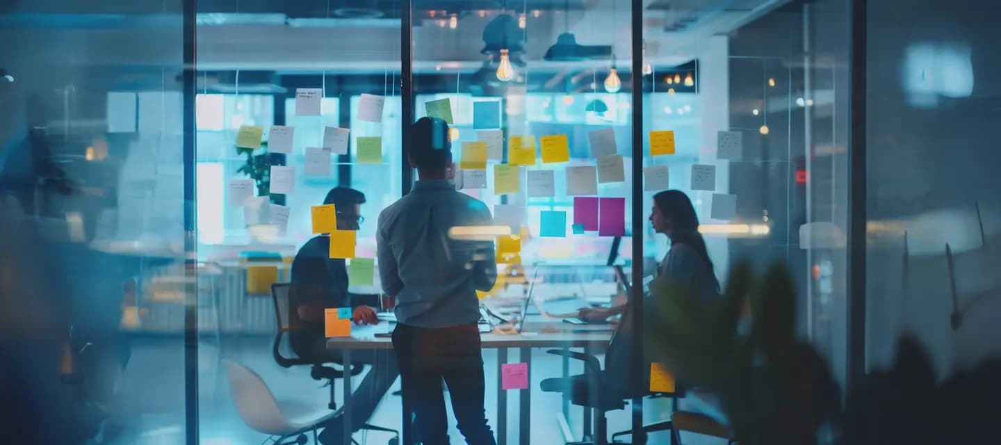 AI generated content image of a group of three business people in discussion at an indoor table in a blue tinted room