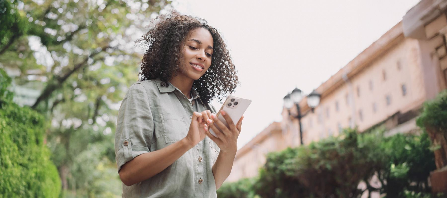 AI generated content image of a woman engaging with her phone on a cloudy day outside