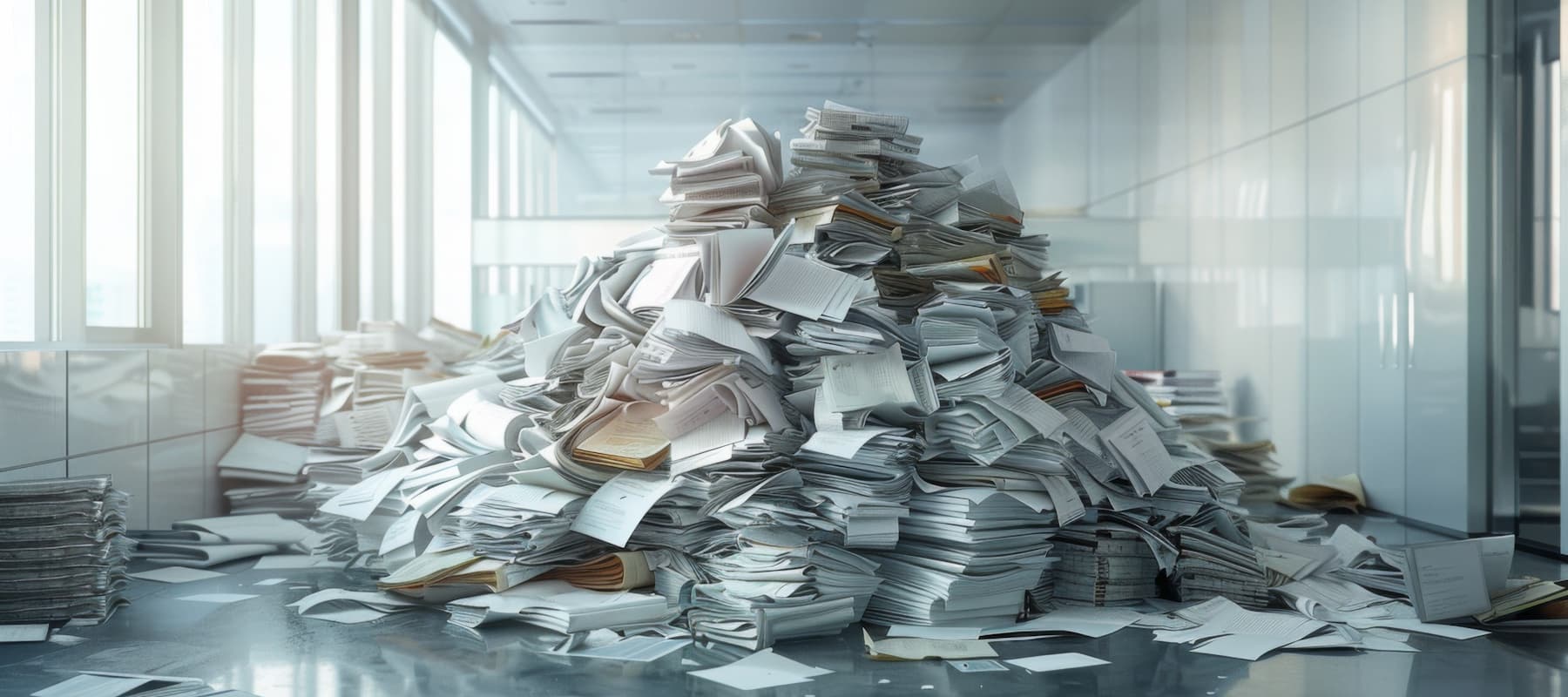 Huge pile of papers on the floor in a naturally well-lit office hallway
