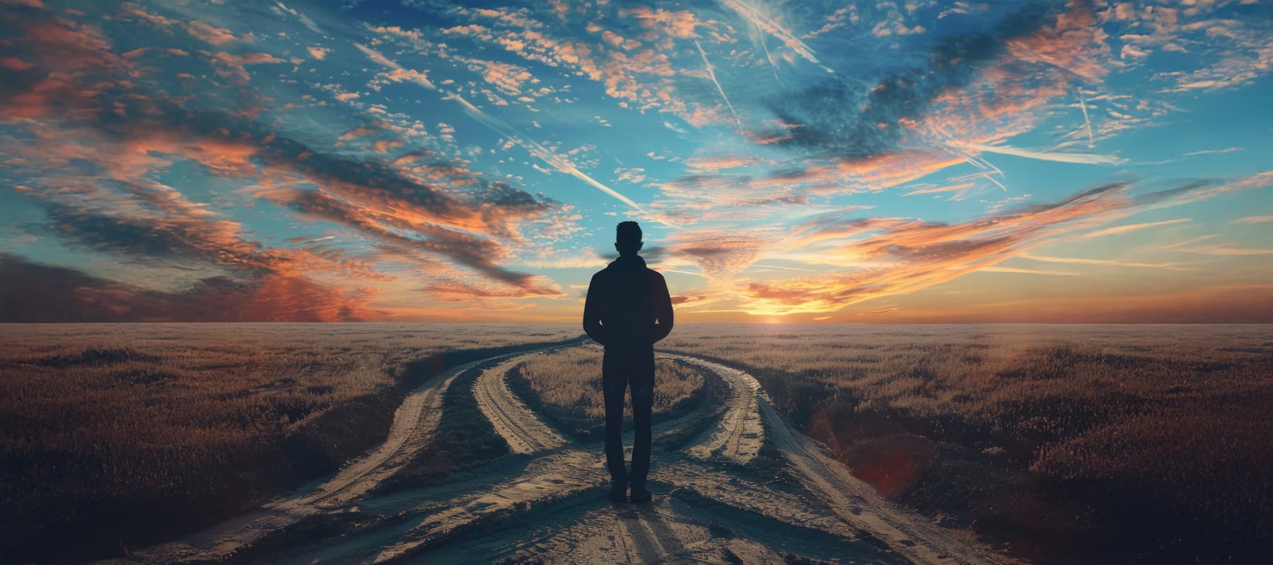 AI generated content image of a man looking out at sunset or sunrise over an open field of yellow grass with a small dirt tractor path