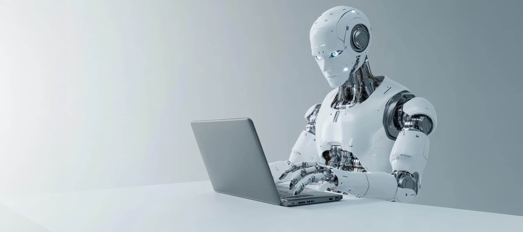 AI generated content image of a human-like robot working at a desk on a laptop